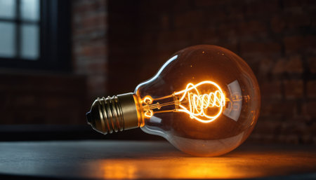 Glowing light bulb on table in dark room. 3D renderingの素材