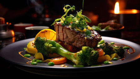 Beef steak with vegetables on a dark background. Selective focus.の素材