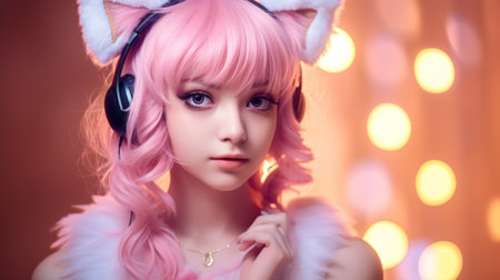 Portrait of a beautiful girl in a pink wig and headphones.の素材