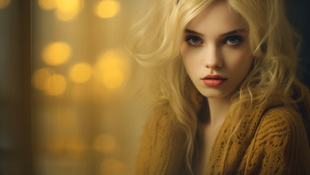 Fashion portrait of a beautiful blonde woman in a yellow sweater.の素材