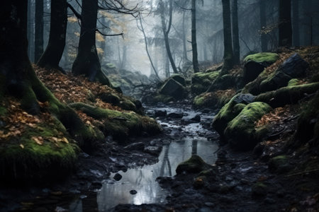 Mysterious forest with a stream in the foggy morning.の素材