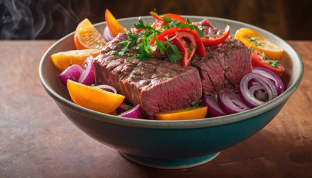 Beef steak with red onion, orange and parsley in bowlの素材