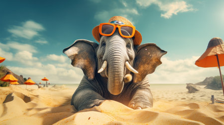 Asian elephant in orange sunglasses and hat on the beach. Travel conceptの素材