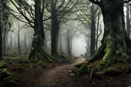 Hiking trail in the misty forest of Beech trees in Tenerifeの素材