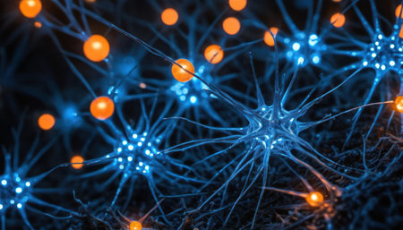 3d rendering of neuron cell with light glowing in the dark.の素材