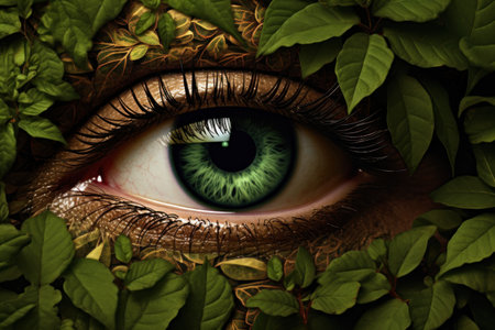 Green eye with green leaves in the background. 3D illustration.の素材