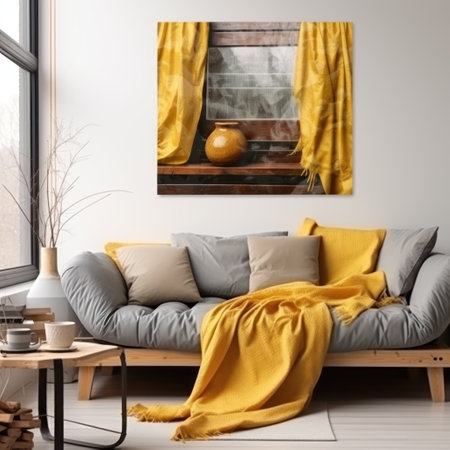Modern living room interior with sofa, coffee table and yellow curtains. 3d renderの素材