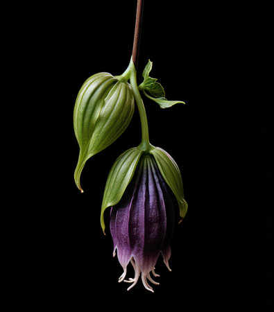 Flower of bellflower on a black background. Studio photography.の素材
