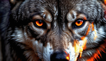 Portrait of a wolf with orange eyes on a dark background.の素材