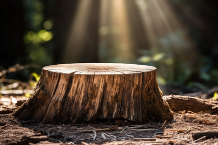 Wooden stump in the forest with sunlight and bokeh backgroundの素材