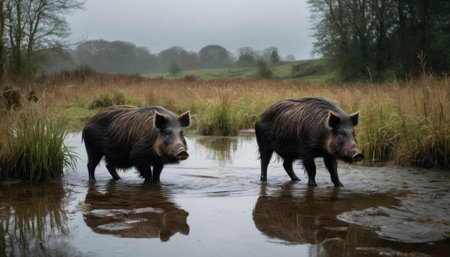 Wild boar (Sus scrofa) in the river, UKの素材
