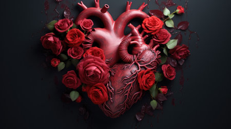 Red heart with roses on a black background. 3d rendering.の素材