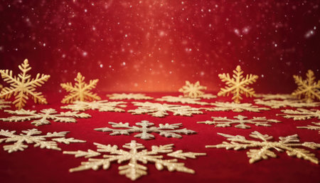 Christmas background with golden snowflakes on the red background with copy spaceの素材