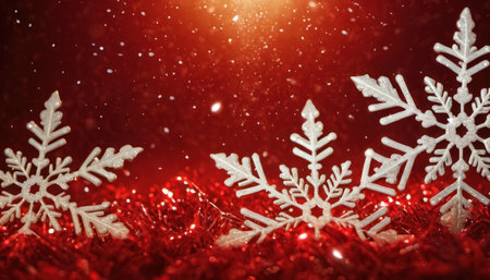 Christmas background with white snowflakes on red shiny background. Copy space.の素材