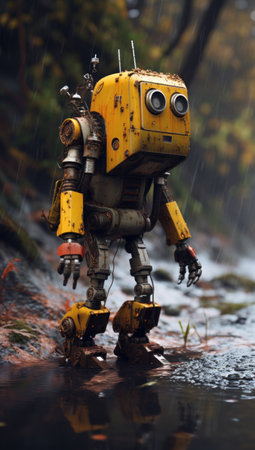 A close-up of a toy robot in the rain.の素材