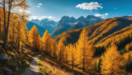 Autumn alpine landscape with yellow larch trees in Dolomites, Italyの素材