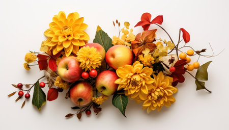 Autumn composition with flowers, apples and leaves on a white backgroundの素材