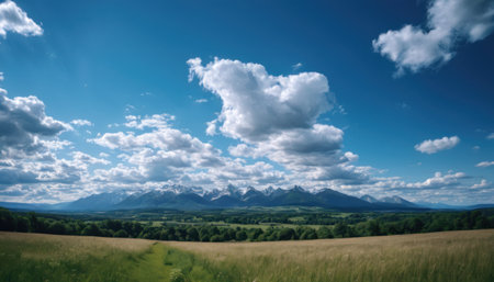 panoramic view of mountains and meadow under blue sky with cloudsの素材