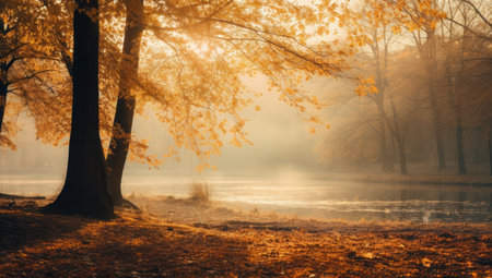 Autumn landscape with foggy morning in the park. Beautiful autumn trees and lakeの素材