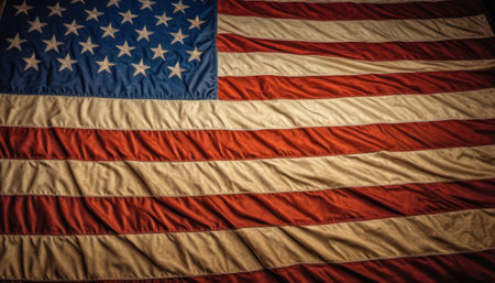 Closeup of rippled American flag, selective focus. American flag backgroundの素材
