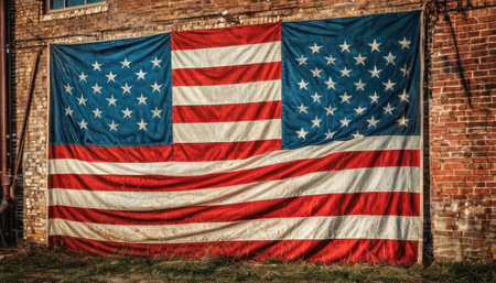 American flag in front of a brick wall. Conceptual image.の素材