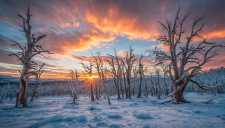 Beautiful winter landscape with frozen trees at sunset. Panoramic view.の素材