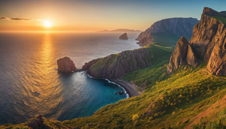 Panoramic view of the cliffs and cliffs at sunset in Faroe Islandsの素材
