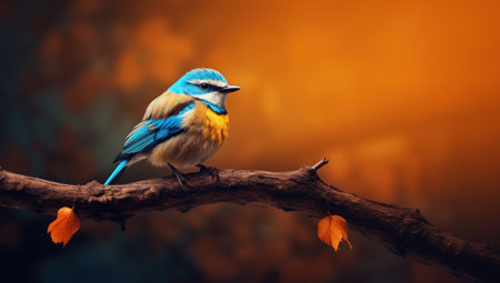 Colorful bird sitting on a branch in the autumn forest at sunsetの素材