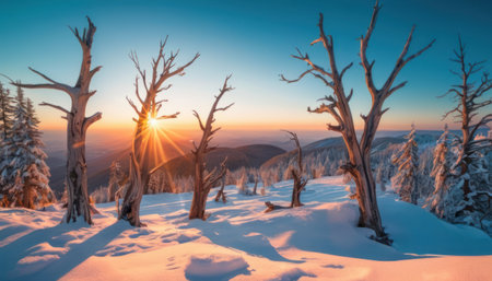 Beautiful winter sunrise in the mountains. Dramatic wintry scene. Carpathian, Ukraine, Europe. Beauty world.の素材