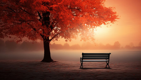 Bench in the autumn park. 3D render. Sunset time.の素材