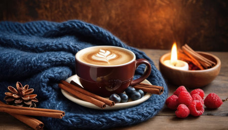 Cup of coffee with latte art and scarf on wooden backgroundの素材