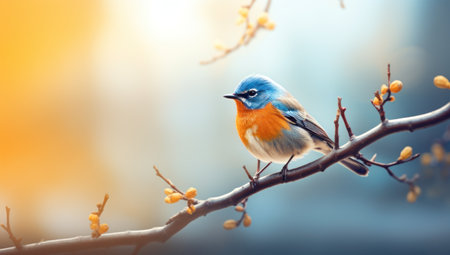 Beautiful blue bird on a branch of a blossoming tree.の素材