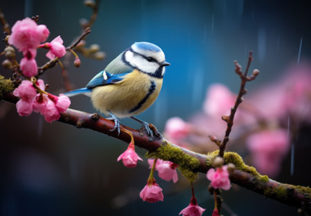 Blue tit on a branch with pink cherry blossoms in the rainの素材