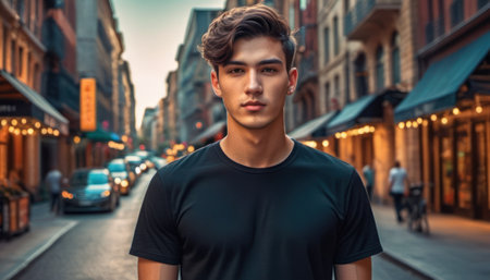 Handsome young man in black t-shirt is looking at camera and smiling while standing in the city street.の素材