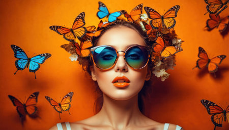 Beautiful young woman with bright make-up and a wreath of butterflies on her head.の素材