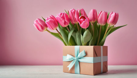 Bouquet of pink tulips in a gift box on a pink backgroundの素材