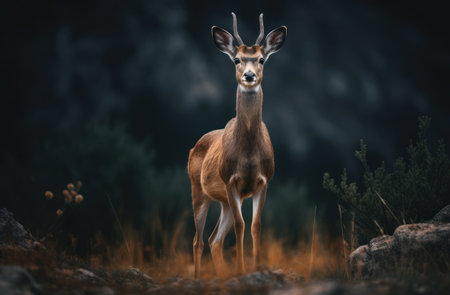 Male antelope standing in the middle of the forest at night.の素材