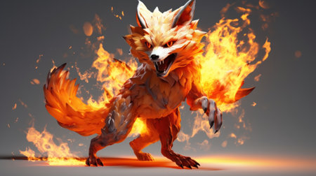 Fantasy red fox in fire on a gray background. 3d renderingの素材