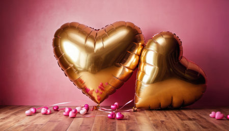 Golden heart-shaped balloons on a wooden table against a pink wallの素材