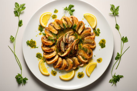 Fried squid with lemon and parsley on a white plate.の素材