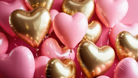 Valentine's day background with pink and golden heart shaped balloonsの素材