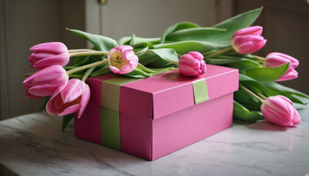Pink tulips and gift box on white marble table, closeupの素材