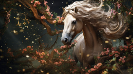 Beautiful white horse with long mane in blooming garden. Digital paintingの素材