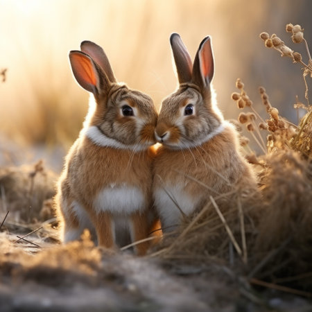 Two little rabbits on a meadow in the rays of the setting sunの素材