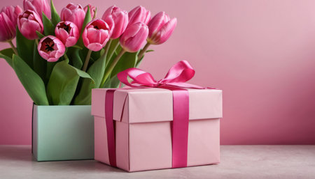 Beautiful tulips and gift box on table against color background, closeupの素材