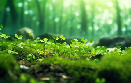 Green clover leaves in the forest with bokeh background.の素材