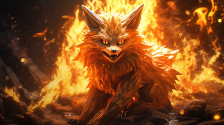 Fantasy scene with a red fox in the fire. 3d illustrationの素材