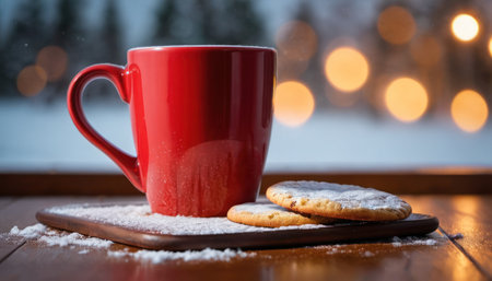 Cup of hot drink with cookies on wooden table in front of windowの素材