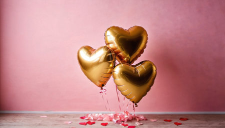 Golden heart-shaped balloons on a pink background. Valentine's Dayの素材