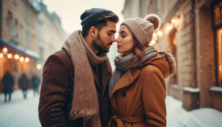 Beautiful young couple in love is hugging and kissing on the background of a winter street.の素材